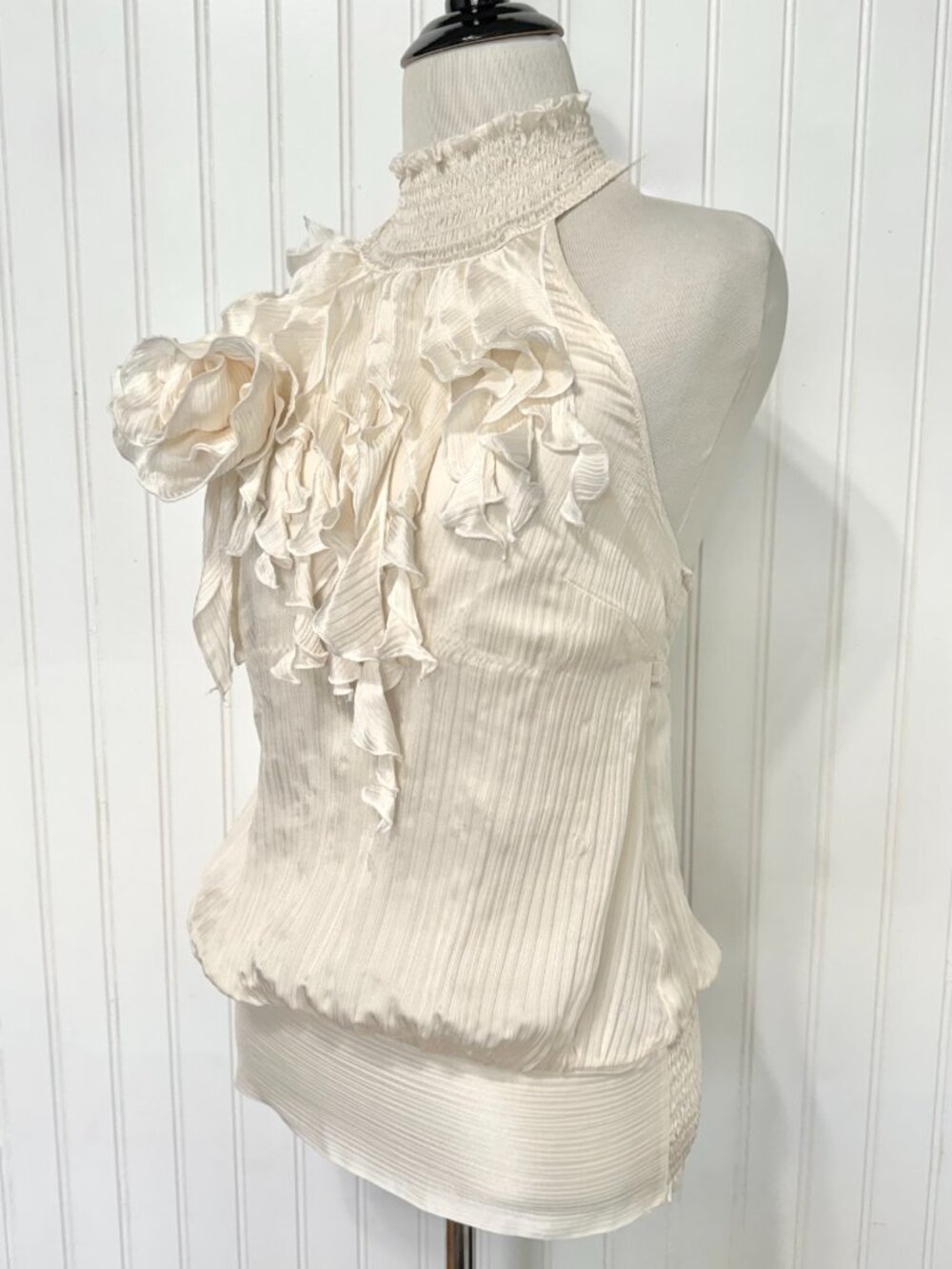 Y2K Bebe Ivory Silk Halter Top Ruffle Rosette XS - Picture 2 of 16
